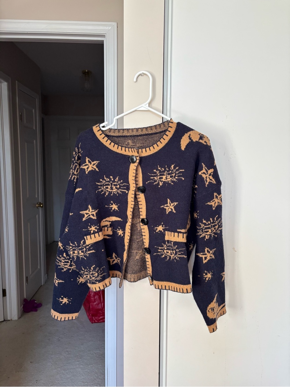 Navy and Tan Star Pattern Women's Cardigan Sweater